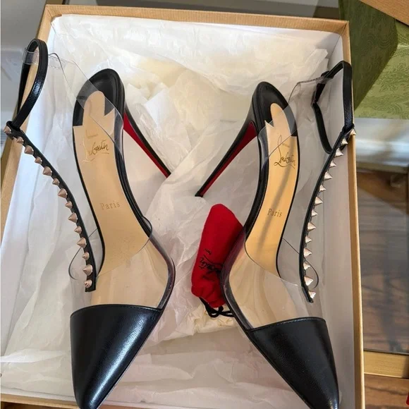 Christian Louboutin Black Pointed-Toe T-Strap Studded Heels - Picture 3 of 9